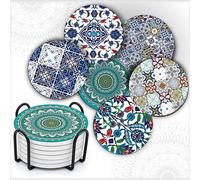 MALANGI Drink Coasters Set of 6 With Stand - Ceramic Turkish Coasters - Absorbent Giftable Coaster - Non-Scratch Top & Non-Slip Cork Base (Style 5 with stand)