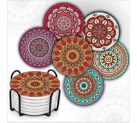 MALANGI Drink Coasters Set of 6 With Stand - Ceramic Turkish Coasters - Absorbent Giftable Coaster - Non-Scratch Top & Non-Slip Cork Base (Style 10 with Stand)