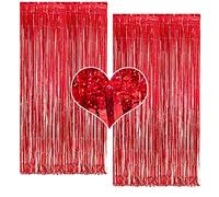 MALANKU Red Tinsel Metallic Foil Fringe Curtain Backdrop, 2Pack 3.2ft x 8.2ft Tinsel Doorway Wall Decorations for Birthday Graduation Bachelorette Baby Shower Party