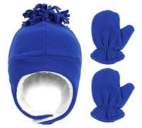 Malaxlx Baby Blue Sherpa Hats and Mittens Set Winter Warm Infant Pilot Hat Fleece Lined Earflap Aviator Hat Trapper Hat Gloves Set for 3-12 Months Boys Girls