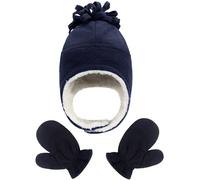 Malaxlx Baby Navy Blue Sherpa Hat and Mittens Set - Winter Warm Toddler Pilot Fleece Lined Earflap Aviator Trapper Hat With Gloves for 1-3 Years Boys Girls
