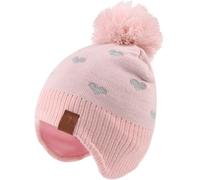 Malaxlx Baby Pink Heart Pom Pom Beanie Hat Winter Warm Kids Knitted Earflap Hat Fleece Lined Ski Skull Cap for 2-4 Years Boys Girls