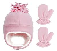 Malaxlx Baby Pink Sherpa Hats and Mittens Set Winter Warm Infant Pilot Hat Fleece Lined Earflap Aviator Hat Trapper Hat Gloves Set for 3-12 Months Boys Girls