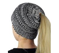 Malaxlx Black White Ponytail Beanie Hat for Women Soft Knit Messy Bun Hat with Ponytail Hole
