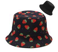Malaxlx Cute Strawberry Print Black Bucket Hat Beach Sun Hat Funny Fishing Hat for Women, Reversible Double-Side Wear