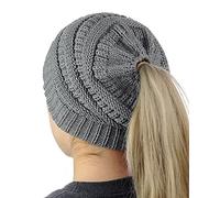 Malaxlx Grey Ponytail Beanie Hat for Women Warm Stretch Knit Hat with Hair Hole for Messy Bun