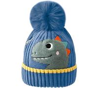 Malaxlx Kids Dinosaur Blue Pom Pom Beanie Hat Winter Warm Toddler Knitted Hat Fleece Lined Ski Bobble Hat Cuffed Beanie for 2-8 Years Boys Girls