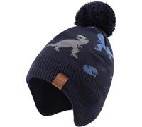 Malaxlx Kids Dinosaur Navy Blue Pom Pom Beanie Hat Winter Warm Child Knitted Earflap Hat Fleece Lined Ski Skull Cap for 4-8 Years Boys Girls