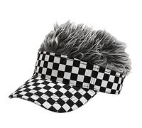 Malaxlx Unisex Checkered Print Sun Visors Hat with Grey Fake Spiked Hair Novelty Wig Adjustable Baseball Cap Golf Hat