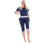 Malay Ladies Capri Pyjama 2 Piece Set Plain Crew Neck Lace Buttons Cropped PJs Navy