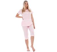 Malay Ladies Capri Pyjama 2 Piece Set Plain Crew Neck Lace Buttons Cropped PJs Pink