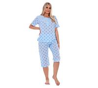 Malay Ladies Capri Pyjama Set Floral Printed Crew Neck Buttons Cropped PJs M to XXL Blue