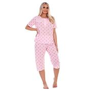 Malay Ladies Capri Pyjama Set Floral Printed Crew Neck Buttons Cropped PJs M to XXL Pink