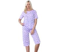 Malay Ladies Capri Pyjama Set Floral Printed Tulip Crew Neck Buttons Cropped PJs Lavender