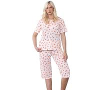 Malay Ladies Capri Pyjama Set Floral Printed Tulip Crew Neck Buttons Cropped PJs Peach