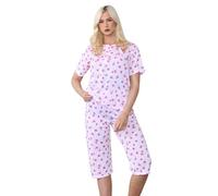 Malay Ladies Capri Pyjama Set Floral Printed Tulip Crew Neck Buttons Cropped PJs Pink