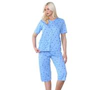 Malay Ladies Capri Pyjama Set Floral Printed V-Neck Buttons Through Cropped PJs Blue