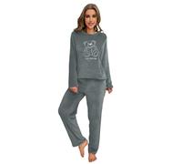Malay Ladies Flannel Fleece Pyjama Set Teddy Cloud Print Soft Warm Winter Loungewear Nightwear Gift (UK, Alpha, XXL, Regular, Regular, Grey Teddy)
