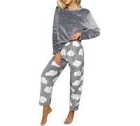 Malay Ladies Flannel Fleece Pyjama Set Teddy Cloud Print Soft Warm Winter Loungewear Nightwear Gift (UK, Alpha, L, Regular, Regular, Grey Cloud)