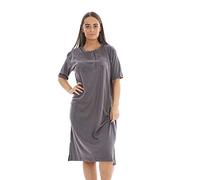 Malay Ladies Plain Nightdress Embroidered Crew Neck Short Sleeve Pocket Nightshirt Dark Grey