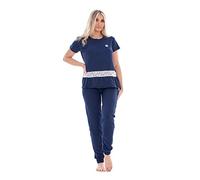 Malay Ladies Plain Pyjama Set 3 Piece Crew Neck Lace Buttons Short Nightwear PJs Navy