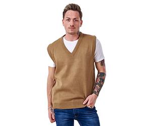 Malay Men’s Plain Knitted V Neck Classic Sleeveless Cardigans Tops Tank Jumpers Size S to 5XL (Large, Beige)