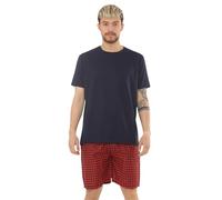 Malay Mens Check Cotton Pyjama Set T-Shirt Woven Shorts Lounge Sleepwear Nightwear Set (UK, Alpha, L, Regular, Regular, Navy)