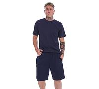 Malay Mens Cotton Pyjama Short Set Jersey Round Neck Top Fleece Zipped Pockets Short Navy