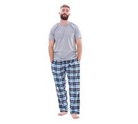 Malay Mens Flannel Pyjama Set Brushed Cotton Check Jersey Top Loungewear Lightweight Grey