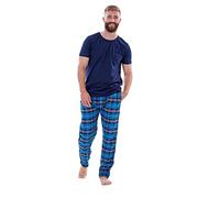 Malay Mens Flannel Pyjama Set Brushed Cotton Check Jersey Top Loungewear Lightweight Navy