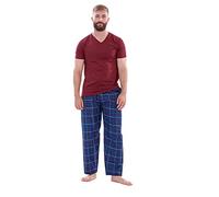 Malay Mens Nightwear Pyjama Set Woven Cotton Check Jersey Top Loungewear Lightweight Burgundy