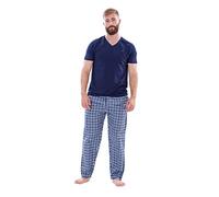 Malay Mens Nightwear Pyjama Set Woven Cotton Check Jersey Top Loungewear Lightweight Navy