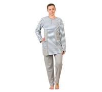 Malay Women's 100% Cotton Ribbed Pyjama Set - Long Sleeve Striped Top & Bottoms - Soft Loungewear with Pockets - 2 Piece Sleepwear Set (UK, Alpha, L, Regular, Regular, Blue Grey)