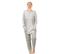 Malay Women's 100% Cotton Ribbed Pyjama Set - Long Sleeve Striped Top & Bottoms - Soft Loungewear with Pockets - 2 Piece Sleepwear Set (UK, Alpha, XL, Regular, Regular, Green Grey)