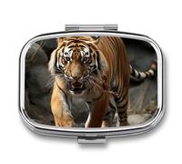 Malayan Tiger Pill Box 2 Compartment Portable Travel Pill Case with Mirror Square Metal Medicines Storage Container Pocket Medicine Box to Hold Vitamins Fish Oil