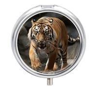 Malayan Tiger Round Pill Box 3 Compartment Pill Case Portable Travel Pill Organizer Medicine Tablet Vitamin Holder Organizer for Purse Pocket
