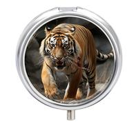 Malayan Tiger Travel Pill Box Case 3 Compartment Cute Pill Organizer Metal Pill Holder with Mirror Small Medicine Organizer Daily Pill Container for Purse Pocket Portable Meds Box