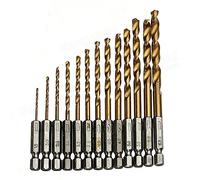 Malayas 13 PCS HSS Drill Bit Set Titanium Coated Drilling Tools 1/4" Hex Shank With High Speed Steel for DIY Woodworking Plastic Metal 1.5-6.5mm