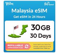 Malaysia eSIM | 30GB Super Saver Refillable Plan! QR Code Sent via Email in 24Hrs - Scan & Use Immediately | Auto Activating 30 Day Validity | 5G Speed + Hotspot | Data-Only No Phone Number
