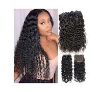 Malaysian Water Wave Bundles with 4×4 Closure Human Hair Weave Bundles Free Part Wave Curly Remy Hair 3 Bundles with Swiss Lace Closure(20 22 22+Closure18)