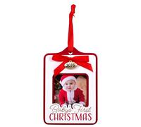 Malden International Designs 2.5x2.5 Baby’s First Christmas 2026 Photo Ornament Red White MDF Wood with Die-cast Dated 2026 Gold-Finished Metal Oval Attachment Red Ribbon Bow Hanger