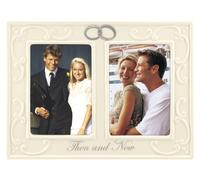 Malden International Designs Glazed Ceramic With Silver Accents And Jewels Double Interlocking Rings Then and Now Anniversary Picture Frame, 2 Option, 2-3.5x5, White,Off-white, 11 x 9