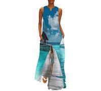 Maldives Beach Women's Sleeveless Maxi Dresses Floral Hem Loose Sundress Fashion Simple Dress with Pockets L