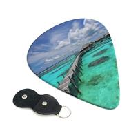 Maldives Scenery Guitar Picks 6 Pack with Leather Guitar Pick Holder Keychain, Plectrum Key Fob Cases Bag, Abstract Art Plectrum for Acoustic Electric Guitar, Ukulele 0.46mm