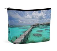 Maldives Scenery Makeup Bag, Portable PU Leather Cosmetic Bag with Zipper Pouch, Waterproof Travel Toiletry Bag for Women Men