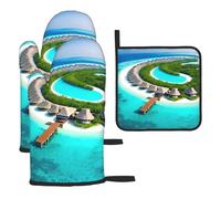 Maldives Scenery Oven mittens and pot rack 3-piece set, kitchen oven mittens, suitable for cooking, outdoor grilling, etc.