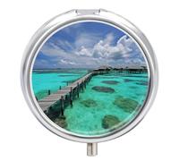 Maldives Scenery Pill Case with 3 Compartments - Portable Travel Pill Organizer for Purse, Easy-Open Button Design, Small Round Pillbox Vitamin Holder Organizer for Women Men