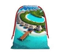 Maldives Scenery Print Holiday Drawstring Bag, Treat Pouch Wrap,Reusable Event Favor,Daily Storage Bag L