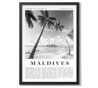 Maldives Travel Poster, Black & White Print, City Landmark. Modern Home Wall Decor For Living Room Bedroom, Archival Matte, A5 (Black Frame) - 21x14.8cm