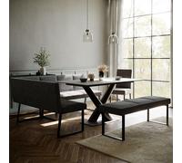 Maldon Dining Set - 6 Seater - 160cm - Grey Ceramic - Bronx Dark Grey Fabric - LHF Corner Bench + Low Bench + Chair